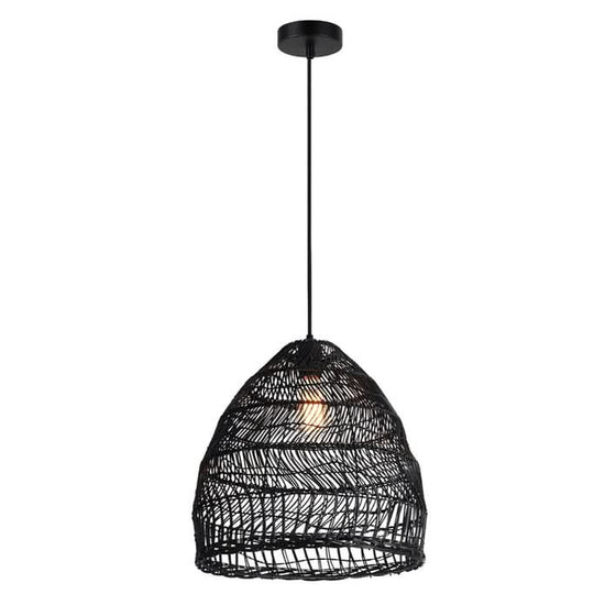 Why Bamboo Pendant Lights Work So Well in Coastal, Bush & Eco-Style Interiors, buyer reviewing woven pendant options in a realistic South African lighting store, warm 3000K display lighting and visible product scale comparison, practical shopping context, realistic 800x800 composition with terracotta and deep green accents