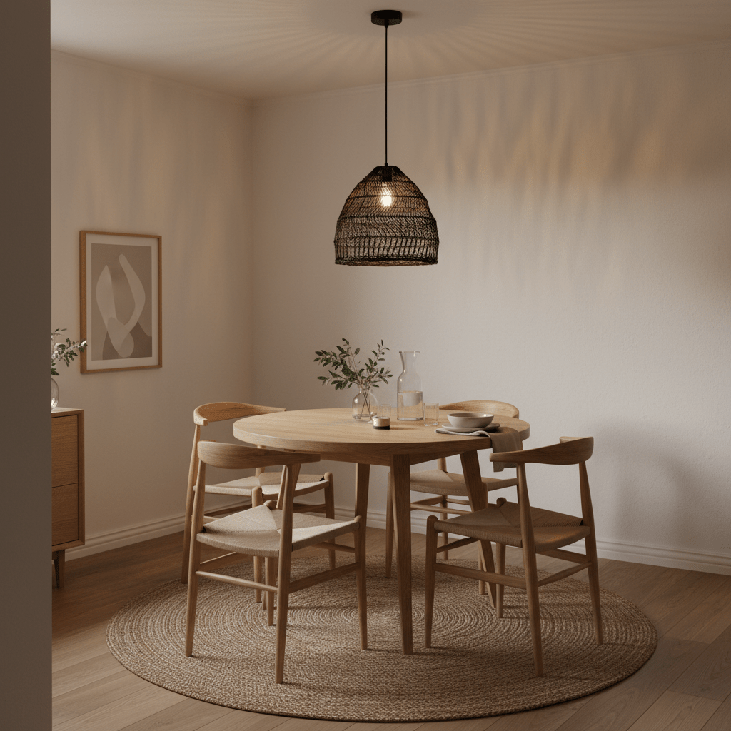 Black rattan pendant light hanging above a wooden dining table set with dishes and a vase.