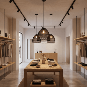Black rattan pendant lights hang above a wooden table in a stylish retail space, enhancing the ambiance.