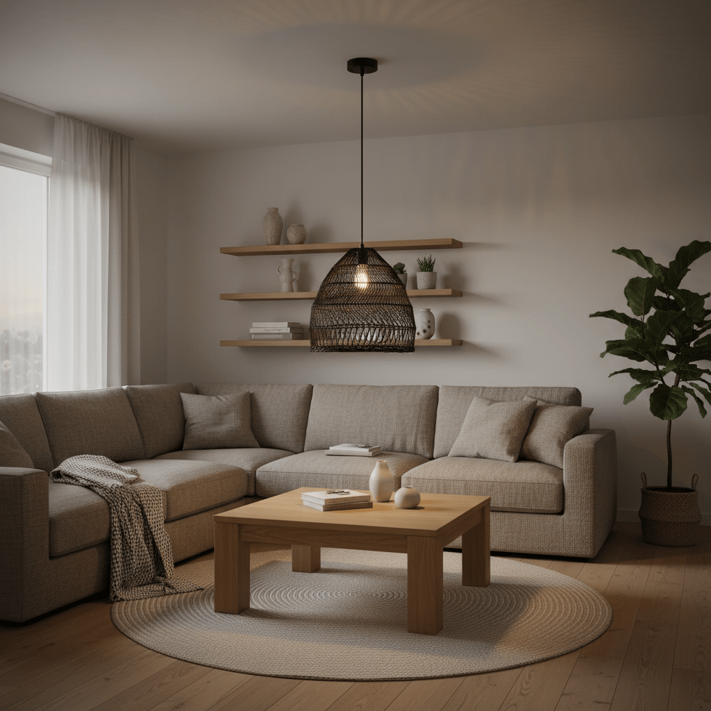 Black rattan pendant light hanging above a cozy living room seating area with a wooden coffee table.
