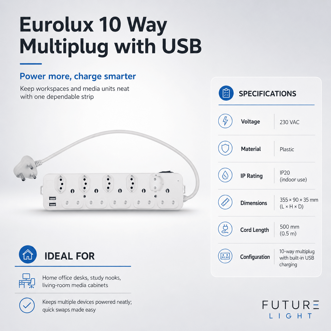 Eurolux 10 Way Multiplug with USB