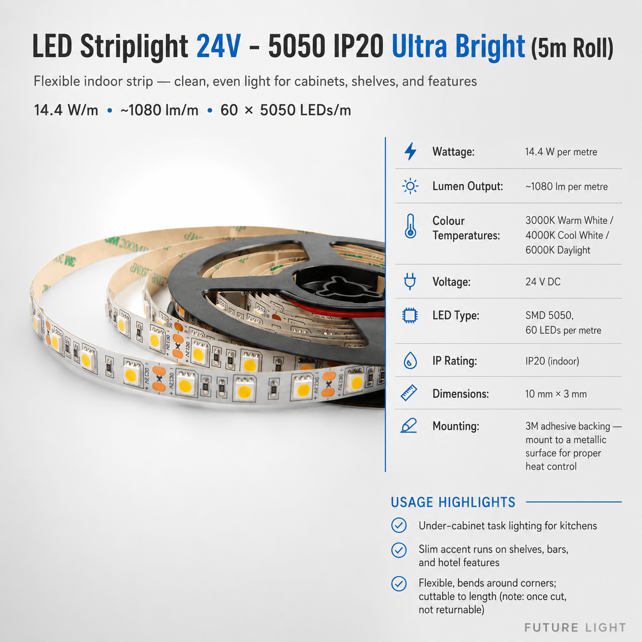 LED Striplight 24V - 5050 IP20 Ultra Bright (5m Roll)