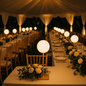 Decorated wedding reception with tables, chairs, and floral centerpieces under a tent.