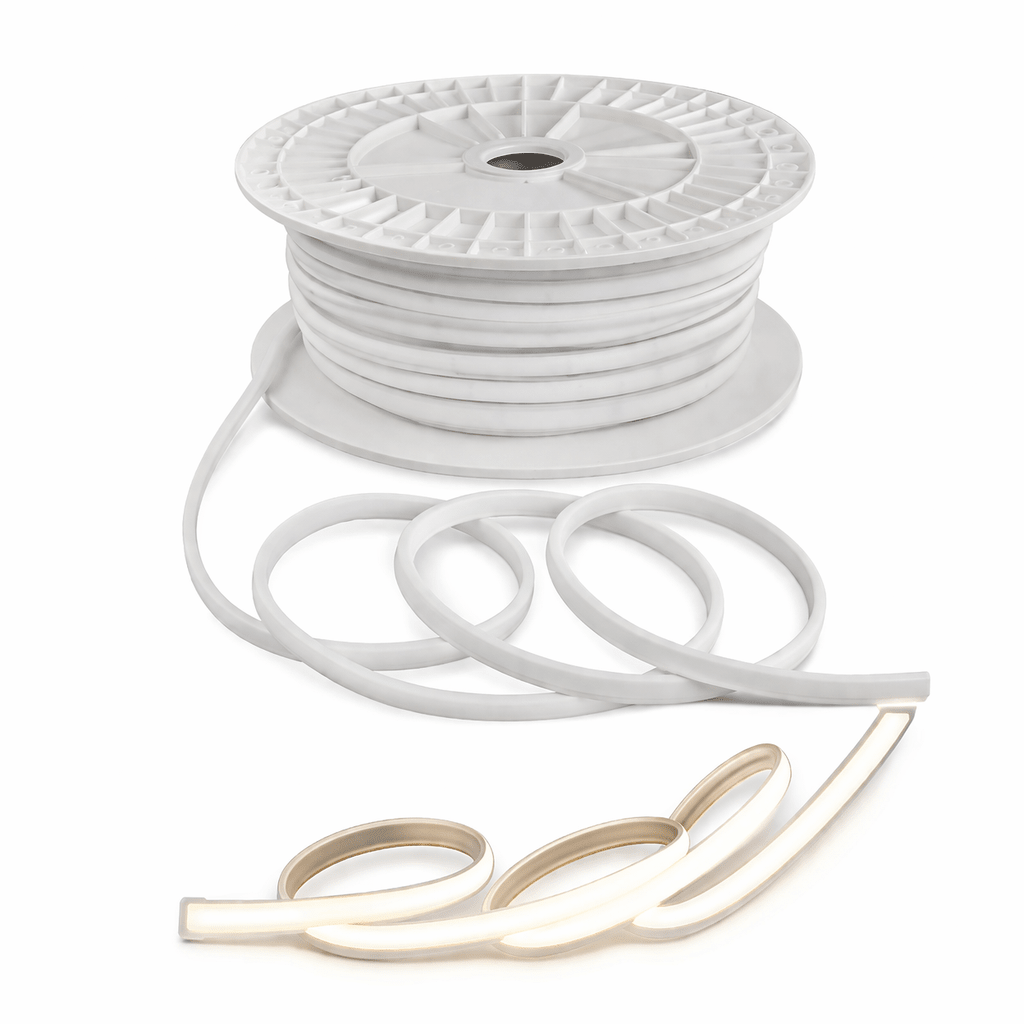 Spool of white cable with a small LED strip on a white background