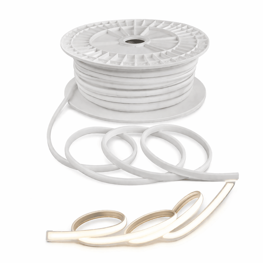 Spool of white cable with a small LED strip on a white background