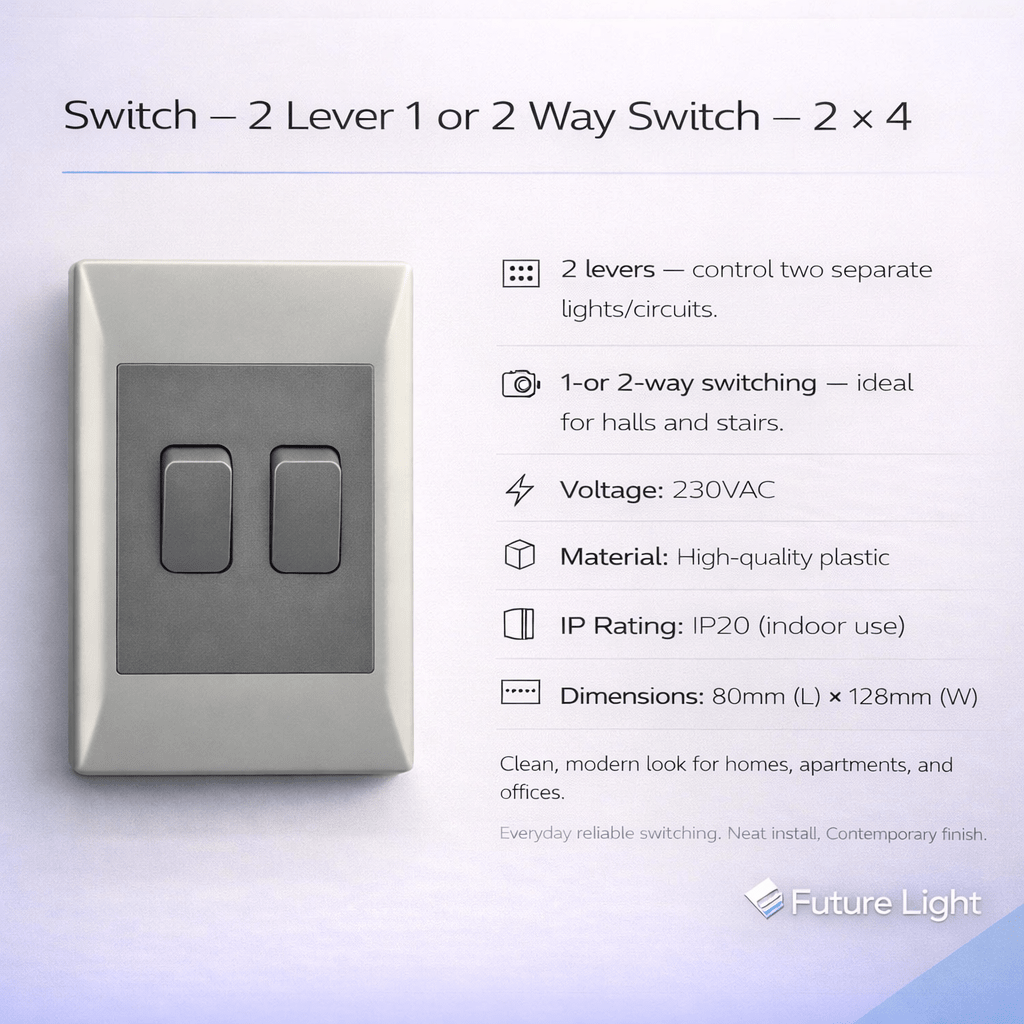 Close-up of a modern 2-lever switch on a light background, showcasing its sleek design and specifications.