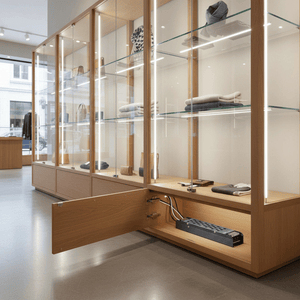 Slim LED power supply installed discreetly in a retail display cabinet, powering LED strip lights.