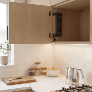 Slim LED power supply mounted inside a kitchen cabinet, with visible wiring and under-cabinet lighting.