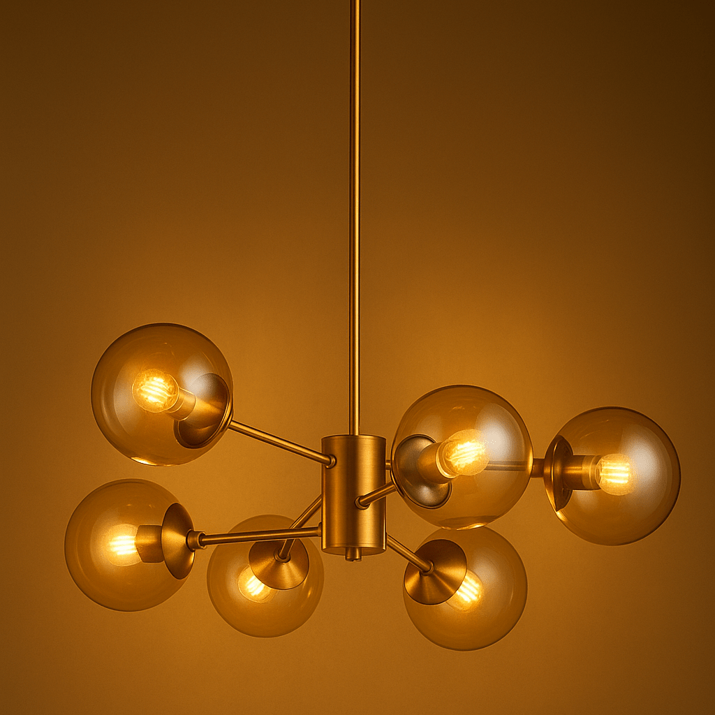 Gold and Amber Glass 6 Light Pendant