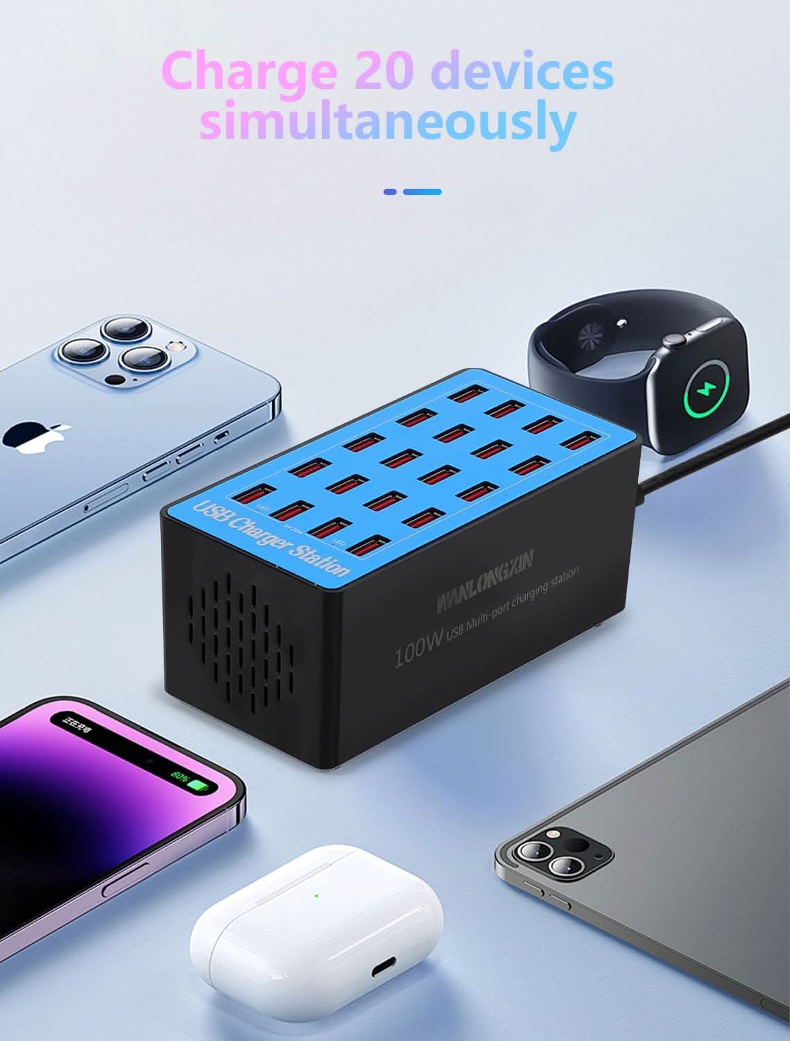 USB Charger 20-Port Desktop Hub