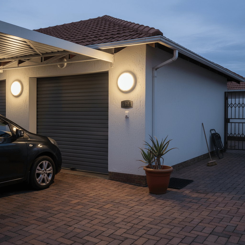 Two white round LED bulkhead lights illuminate a white home exterior at dusk beside a garage and paved driveway.