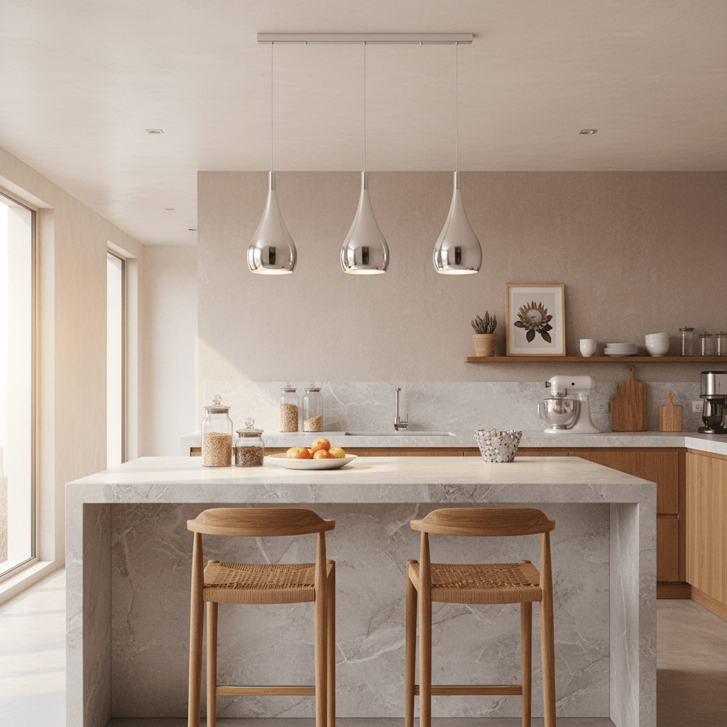 Three polished chrome pendant lights hang above a modern kitchen island with wooden stools and a bowl of fruit.