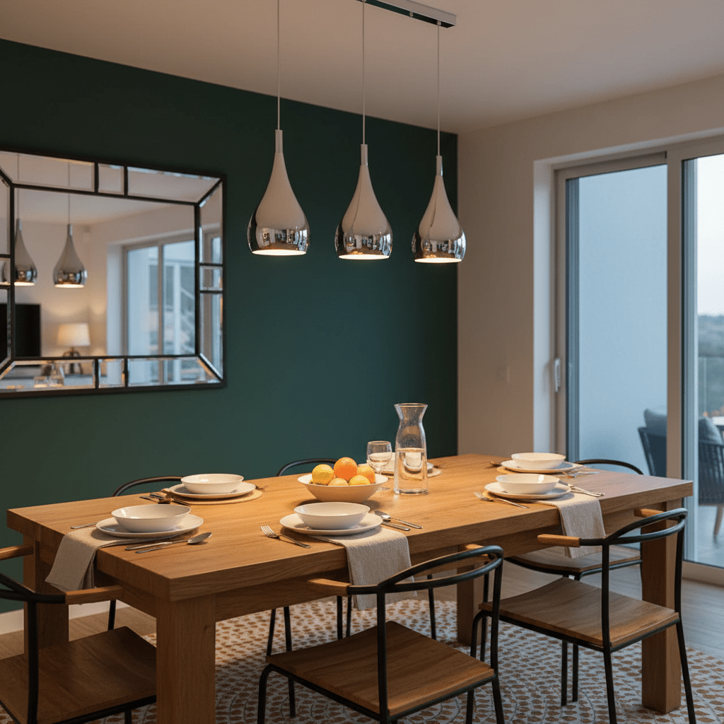 Three-light pendant light above a wooden dining table set with plates and fruit, reflecting a modern aesthetic.