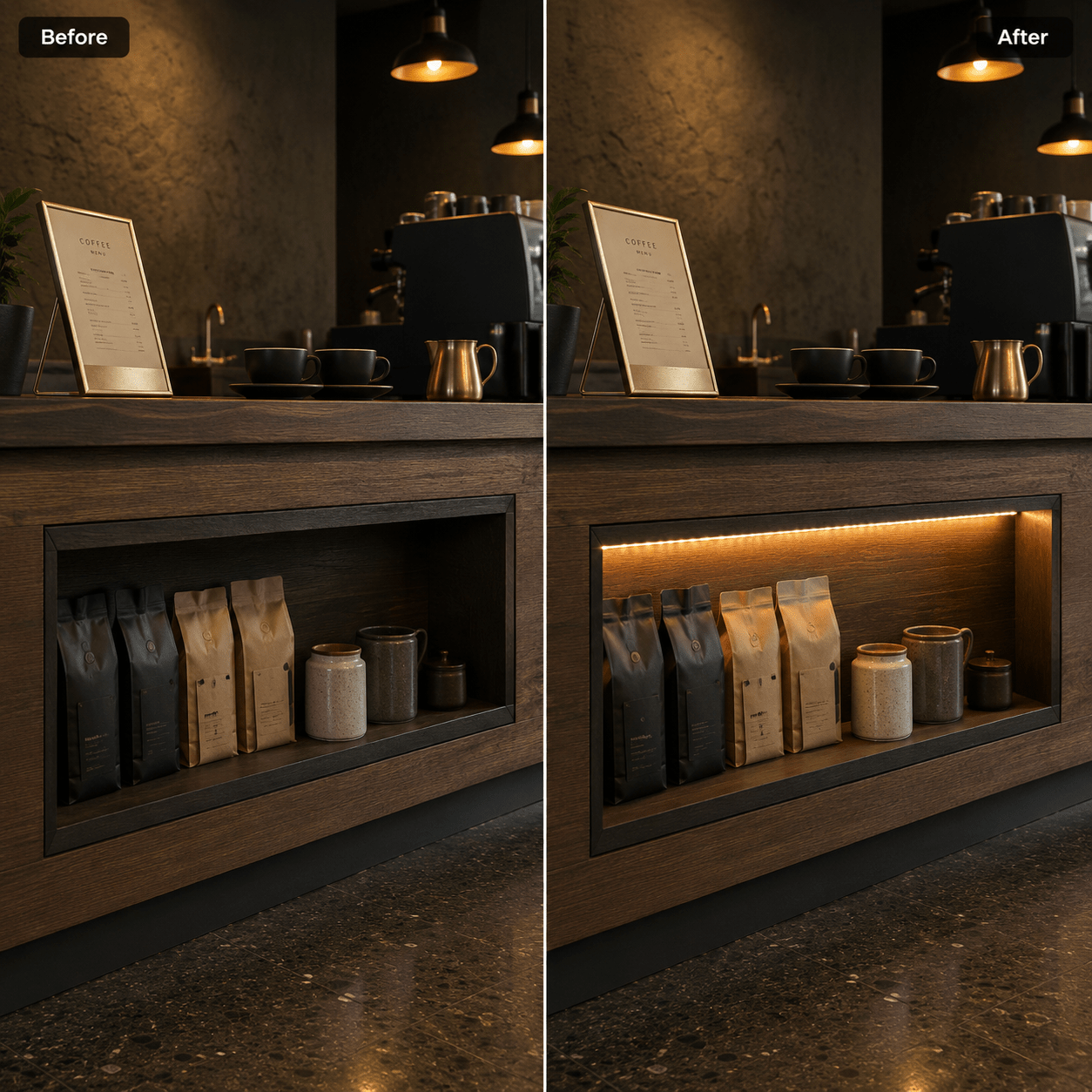 Before and after comparison of a coffee shop counter with added led strip lighting.