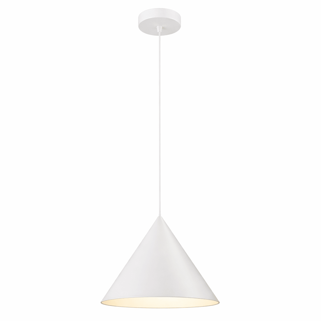 White cone-shaped pendant light on a white background