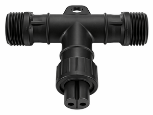 Black T-piece connector for SC deck lights, designed for outdoor lighting setups.