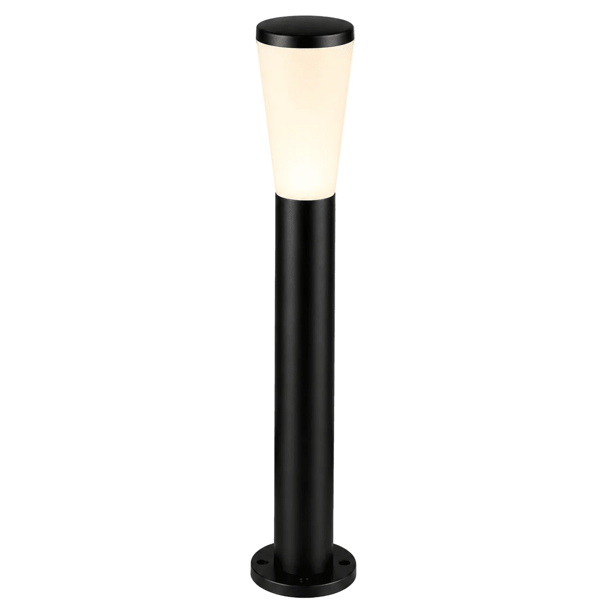 A black bollard light with a conical white top, featuring a cylindrical base and a round mounting plate.