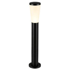 A black bollard light with a conical white top, featuring a cylindrical base and a round mounting plate.