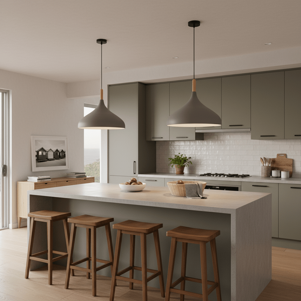 Gray pendant light with wooden accent on a white background