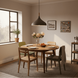 Stylish dining area featuring a grey and wood pendant light above a round wooden table with plates and flowers.