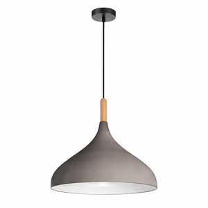 Grey and wood LED pendant light with a sleek design and warm glow, ideal for modern interiors.