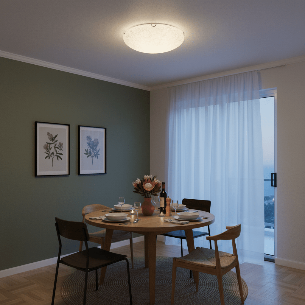 Dining room with a round table set for dinner under a polished chrome ceiling light.