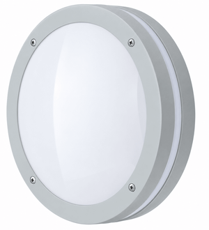 Angled view of a round grey LED bulkhead wall light with a white diffuser and four visible screws on a white background.