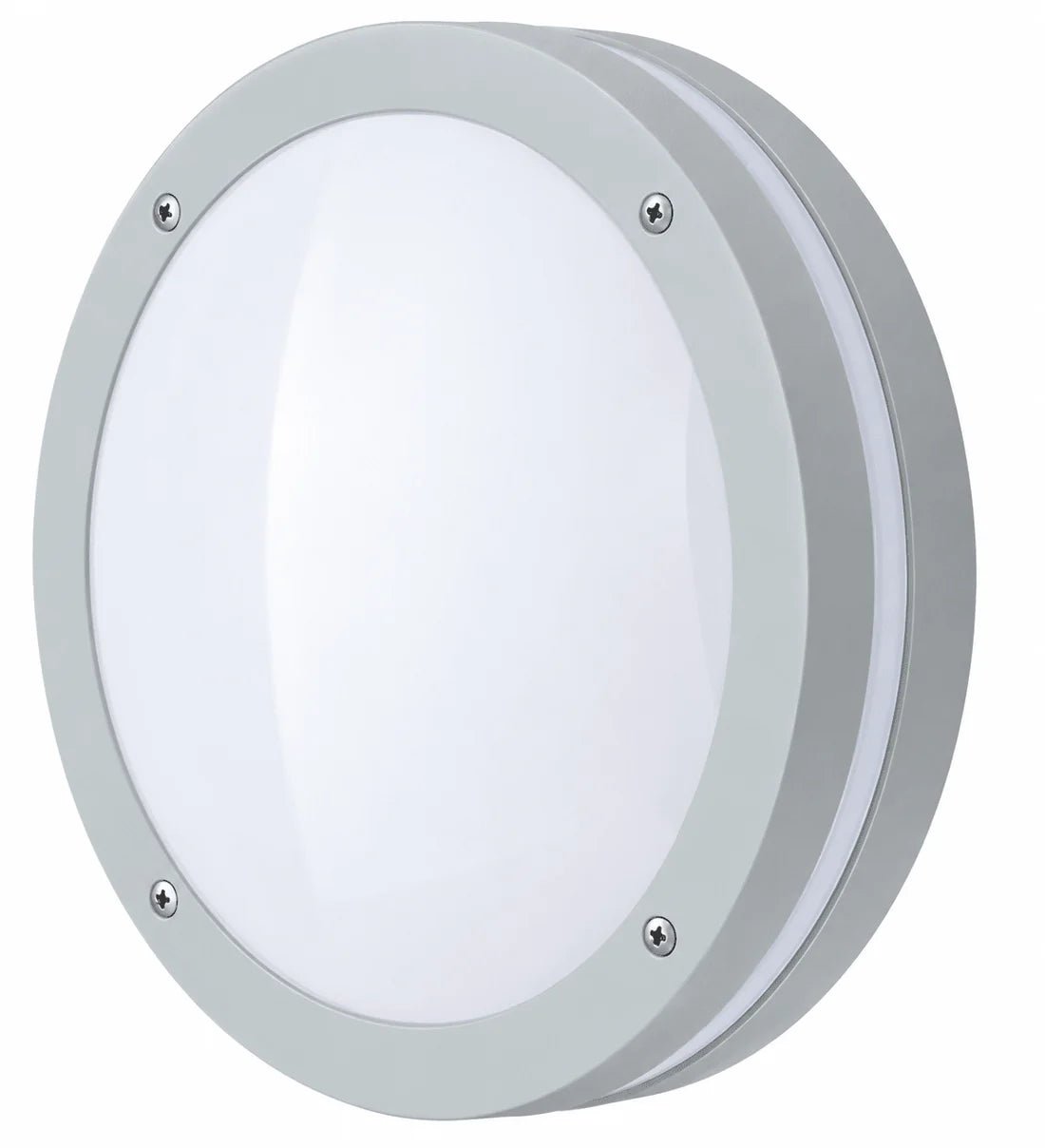 Round grey LED bulkhead outdoor wall light with a smooth surface and visible mounting screws.