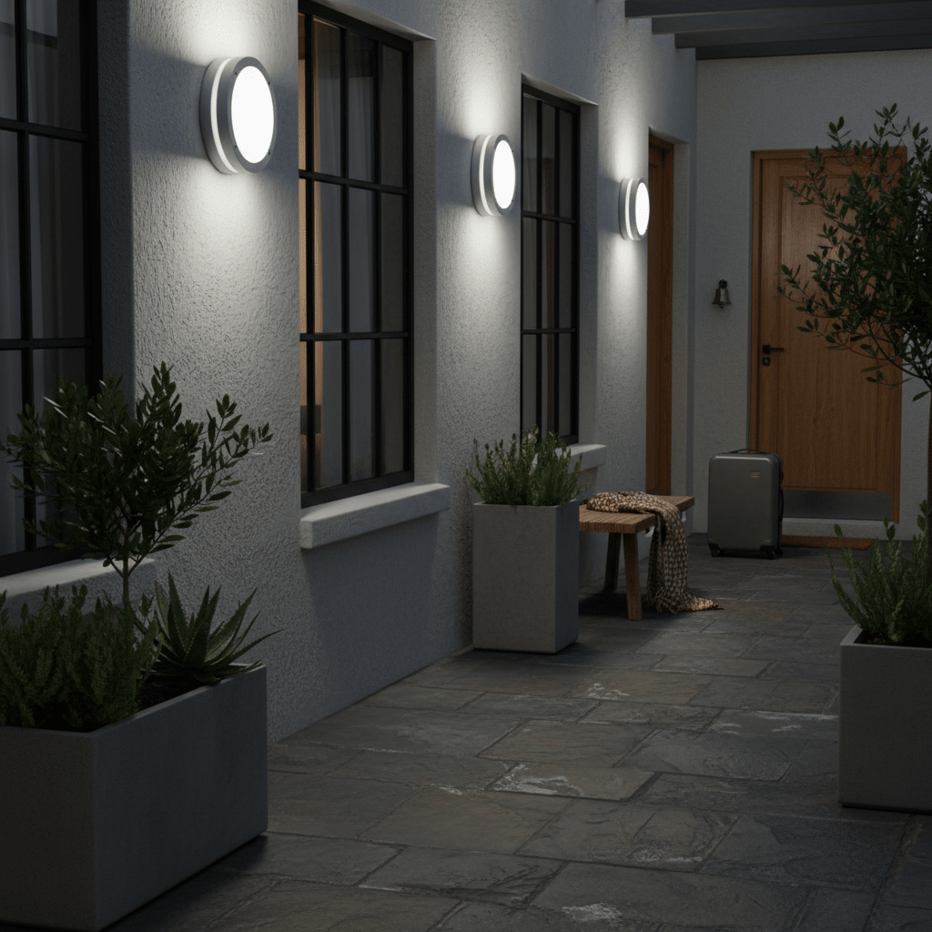 Three round grey LED bulkhead lights mounted on an exterior wall above a paved patio with planters.