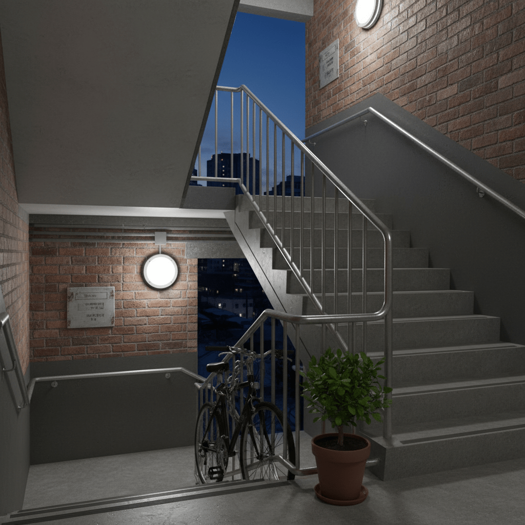 Round LED bulkhead lights mounted on brick walls in a lit stairwell with metal railings, bicycle, plant, and night city view.