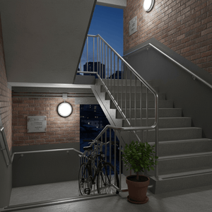 Round LED bulkhead lights mounted on brick walls in a lit stairwell with metal railings, bicycle, plant, and night city view.