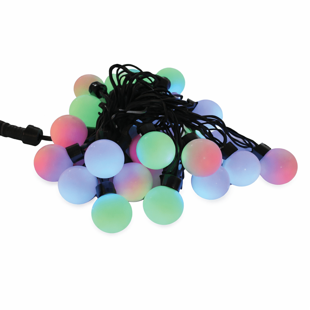 String of colorful LED lights on a white background
