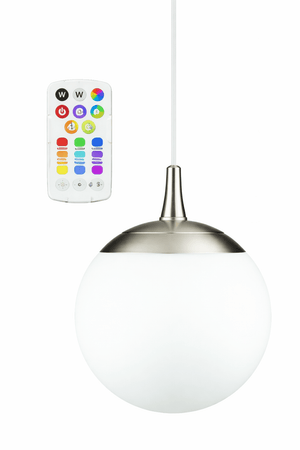 ACDC Luna LED pendant light with white glass globe, silver-tone cap and colour remote control