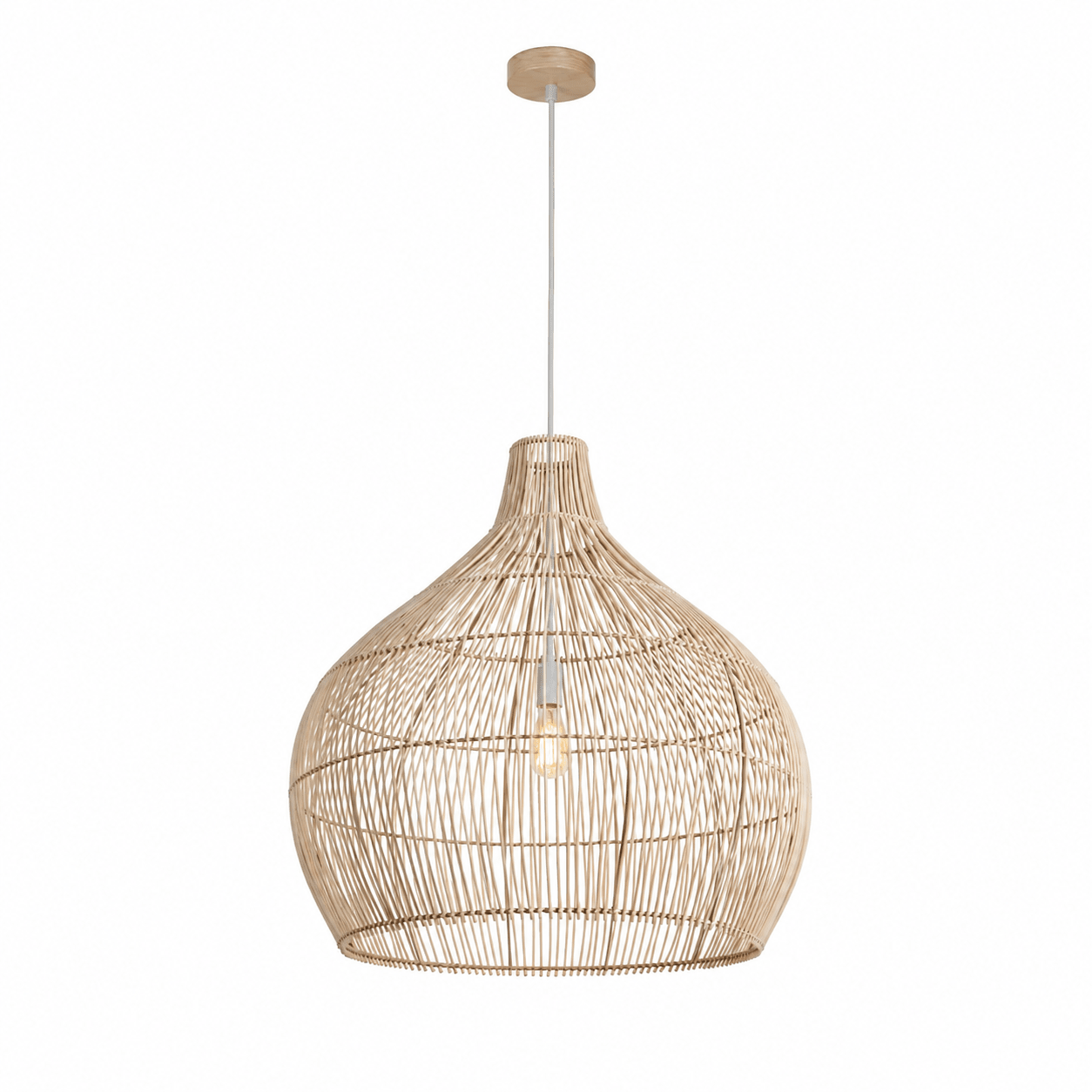 Haiti Bamboo Rattan Pendant 460 featuring a woven rattan shade with a soft, natural design, suspended from a ceiling mount.