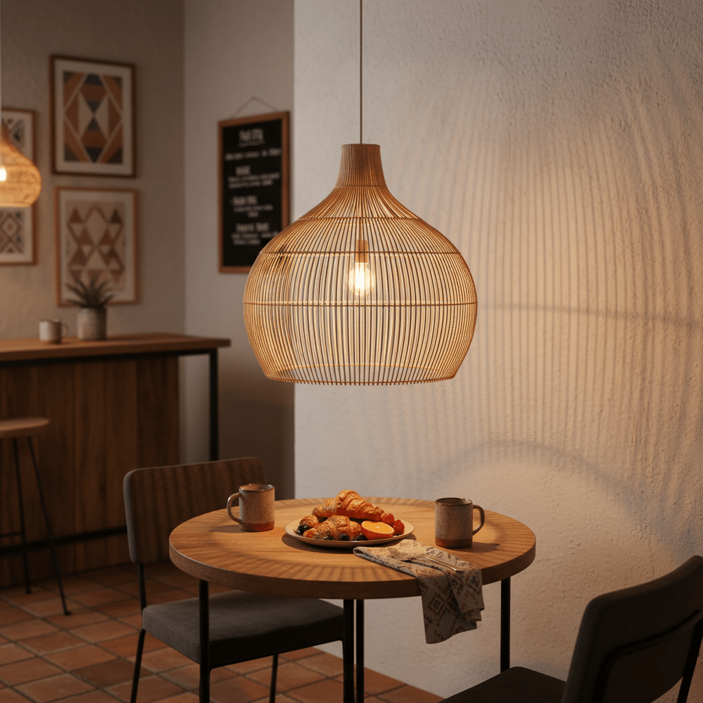 Woven bamboo rattan pendant light hanging above a dining table with food and drinks.