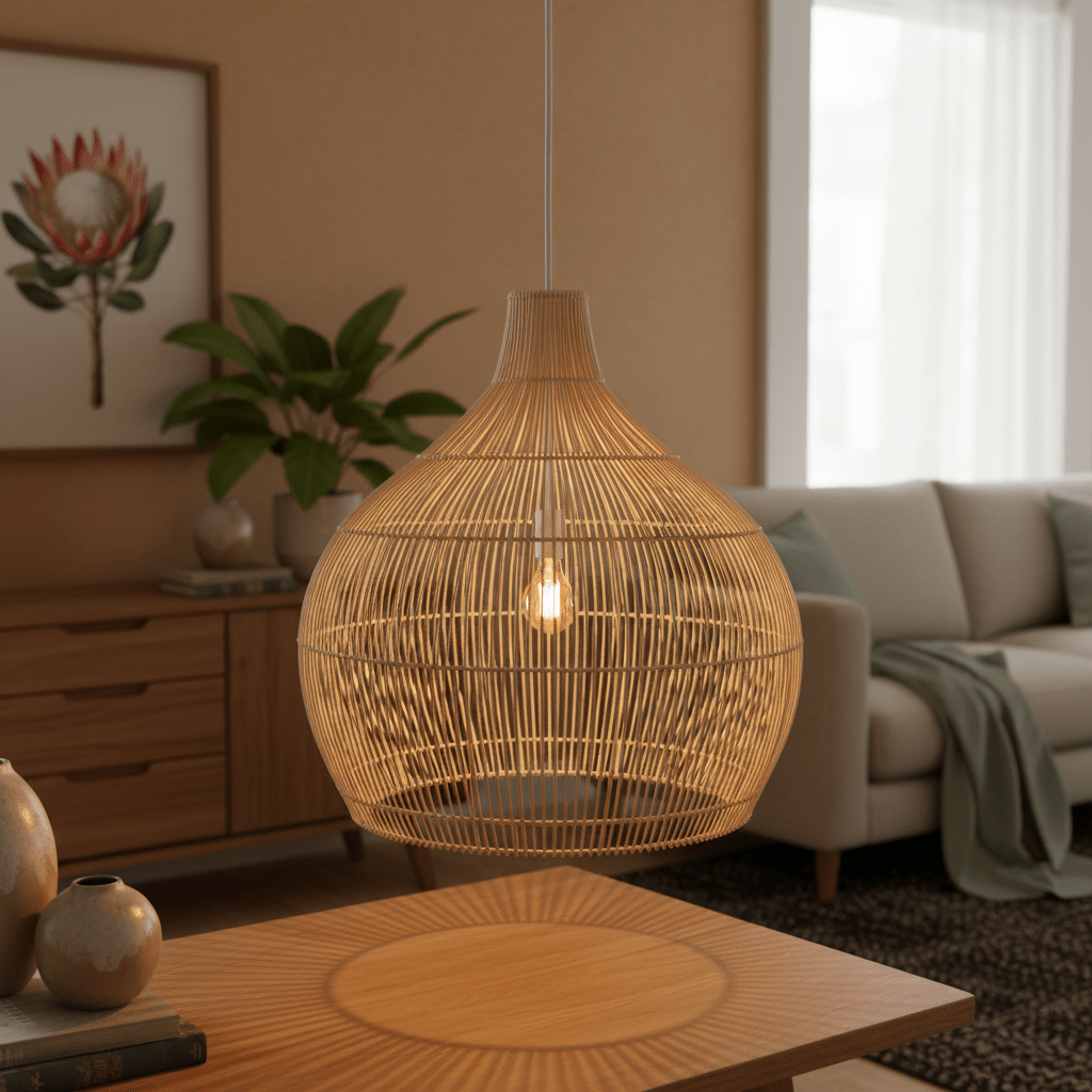 Woven bamboo and rattan pendant light casting a warm glow over a wooden table in a cozy living space.