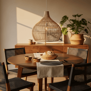A bamboo rattan pendant light hangs above a wooden dining table set with bowls and bread.