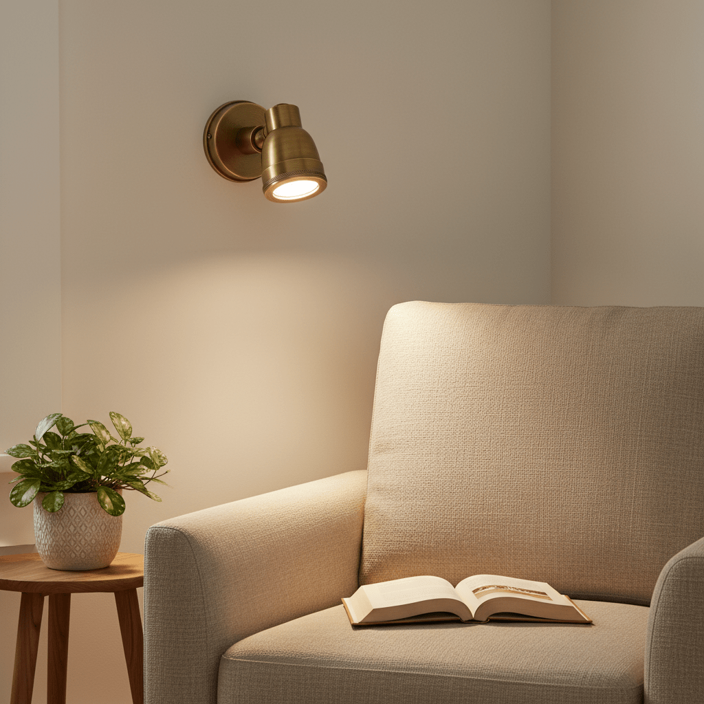 Antique brass Indigo Swirl wall lamp mounted beside a cozy armchair with a plant and an open book.