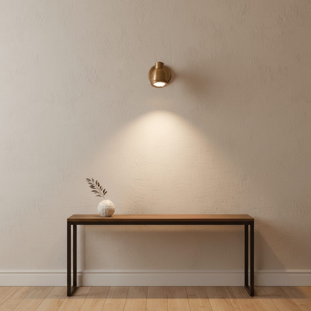 Antique brass Indigo Swirl wall lamp mounted on a textured wall, illuminating a wooden console table with a decorative vase.