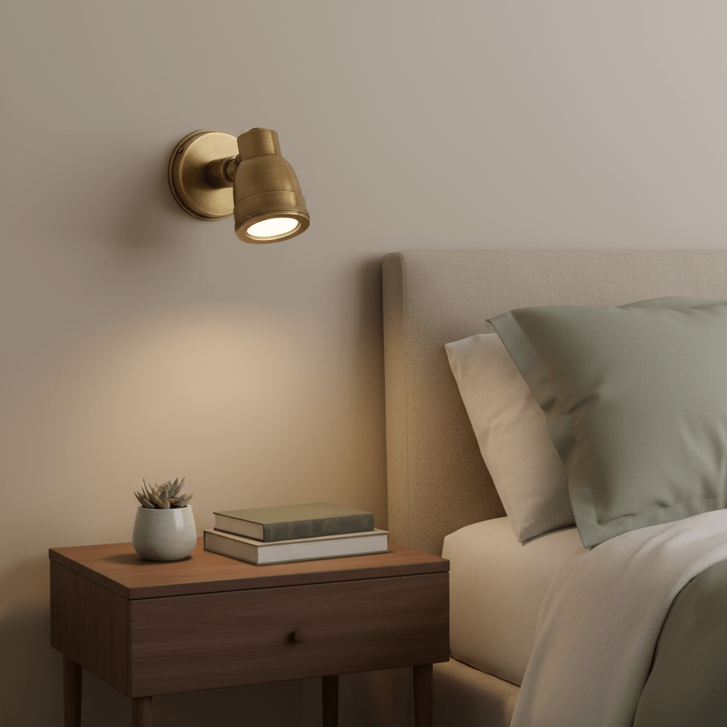 Antique brass wall lamp mounted above a bedside table with books and a plant.
