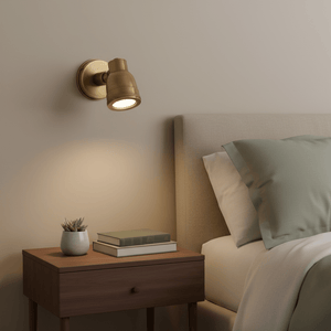 Antique brass wall lamp mounted above a bedside table with books and a plant.
