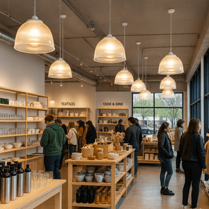 High Bay Industrial Pendant Lights illuminating a modern retail space with wooden shelves and customers browsing.