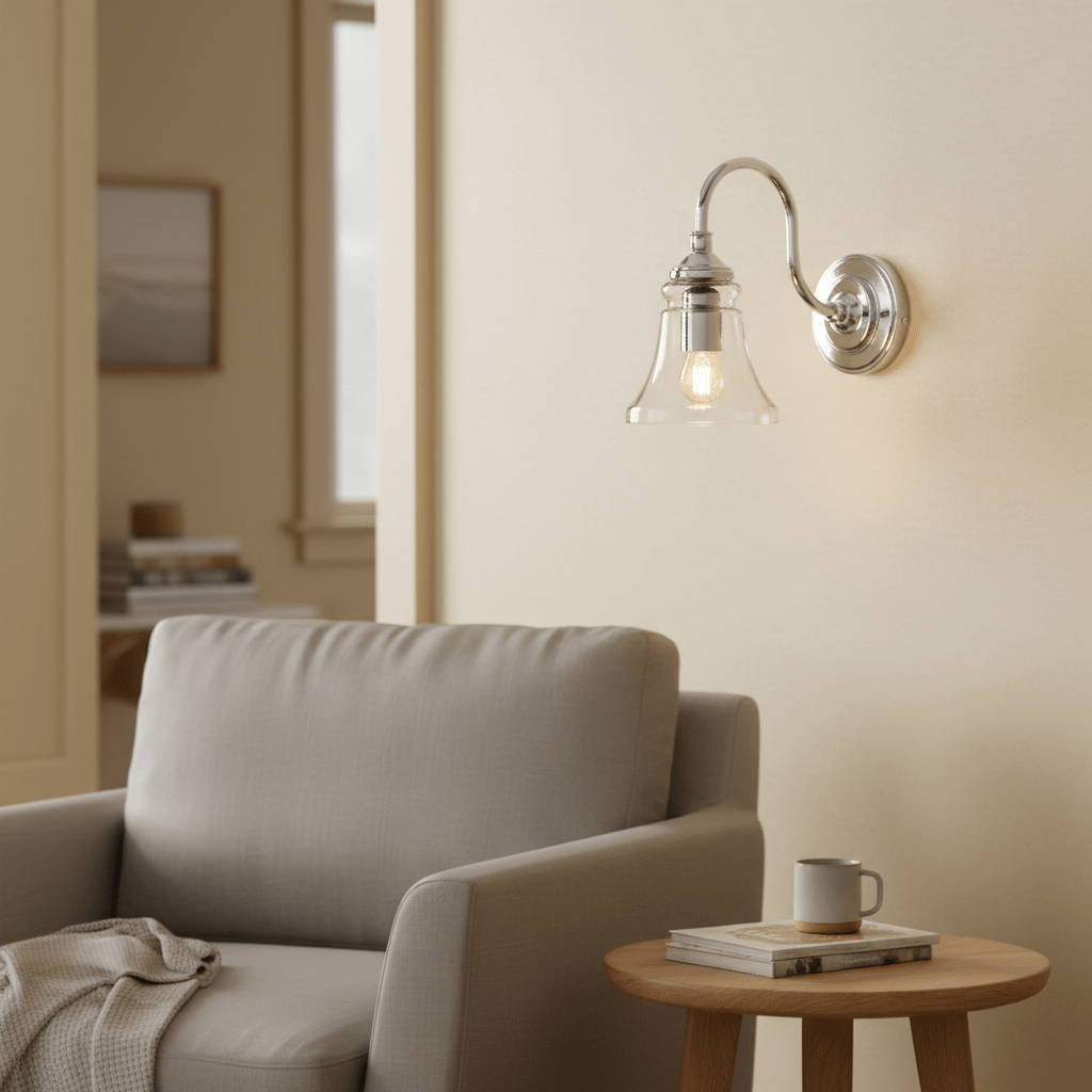 Antique silver wall lamp with clear glass diffuser mounted beside a cozy armchair and side table.
