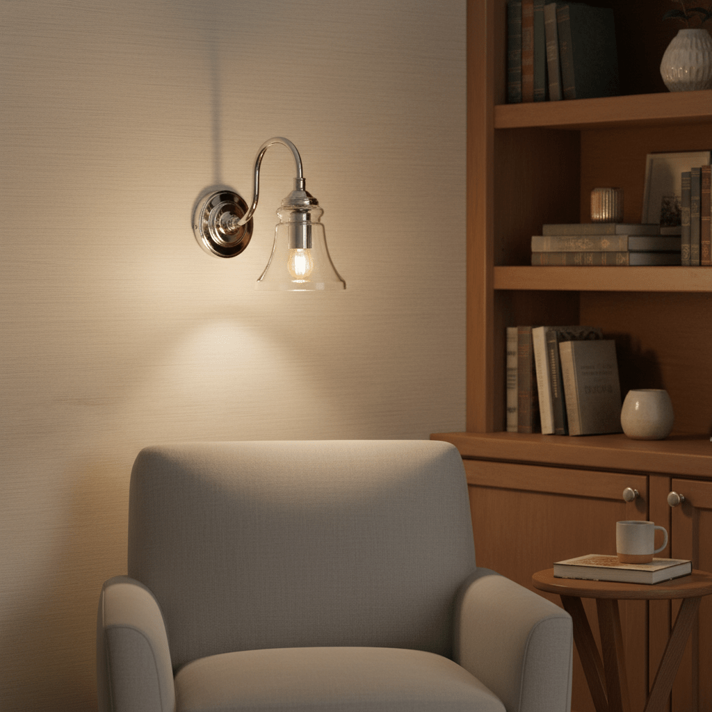 Antique silver wall lamp with clear glass diffuser illuminating a cozy reading nook beside a bookshelf.