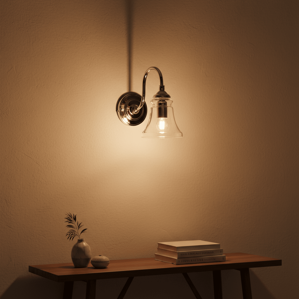 Antique silver wall lamp with clear glass diffuser illuminating a wooden table with decor.