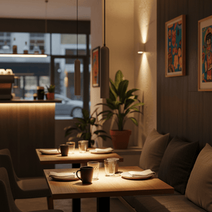 Modern grey pendant lights hang above dining tables in a cozy restaurant setting.