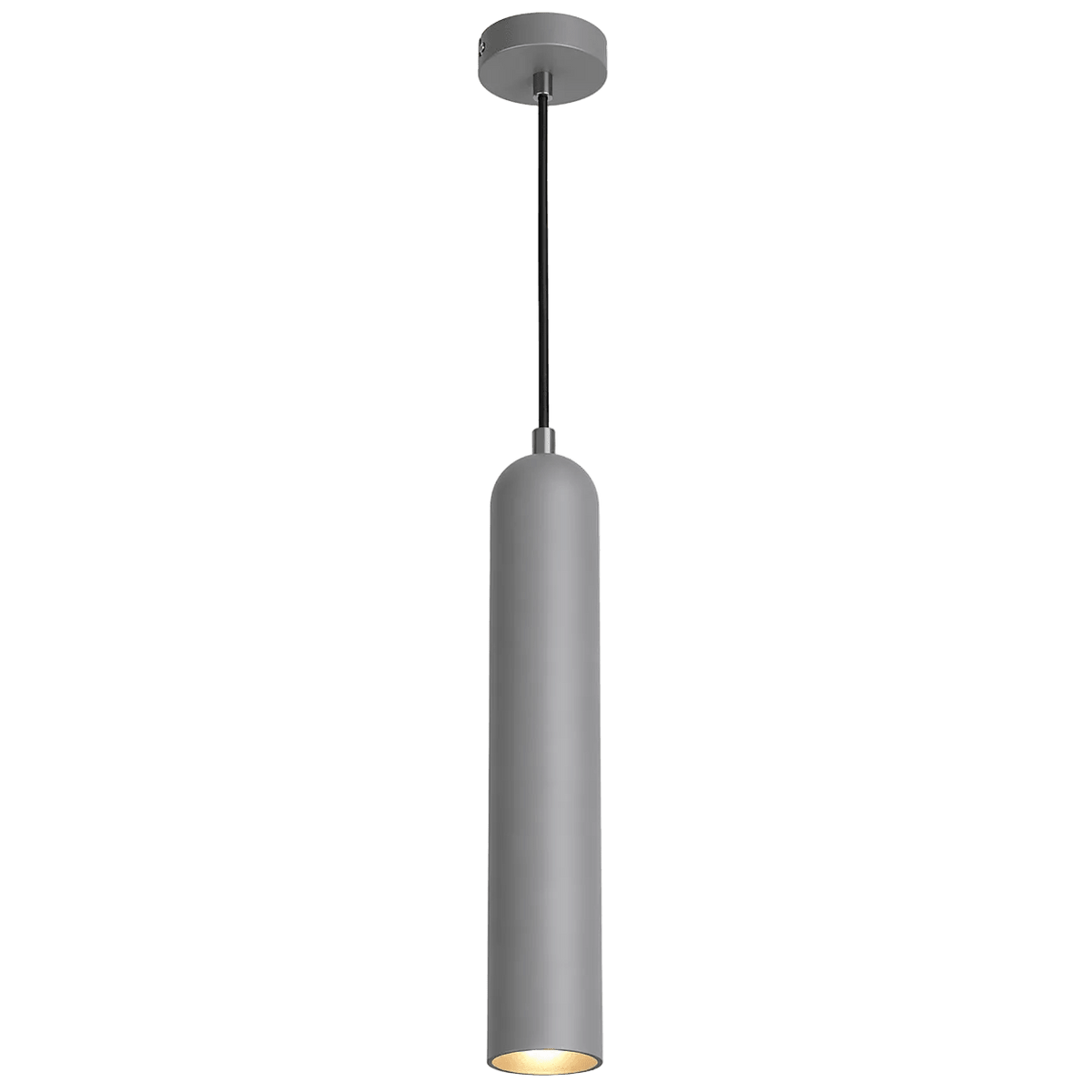 A sleek, cylindrical pendant light in matte grey, suspended from a black cord and round ceiling mount.