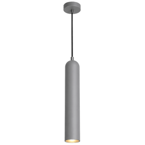 A sleek, cylindrical pendant light in matte grey, suspended from a black cord and round ceiling mount.