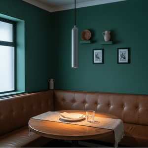 Modern grey pendant light hanging over a wooden dining table with plates and a glass, against a green wall.