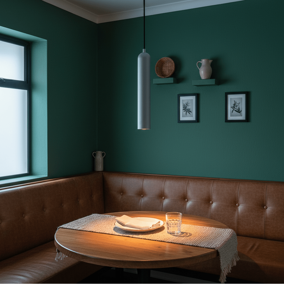 Modern grey pendant light hanging over a wooden dining table with plates and a glass, against a green wall.